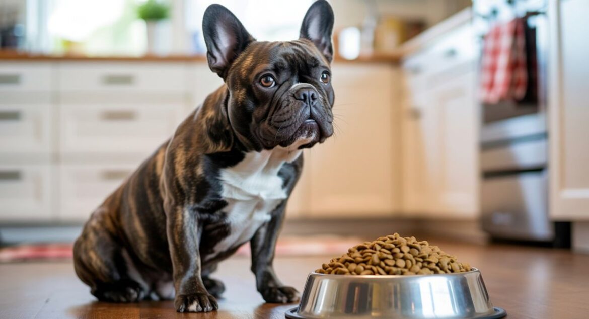A healthy French Bulldog sitting beside a full stainless steel food bowl in a home kitchen