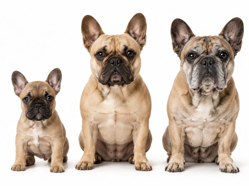 French Bulldog puppy adult and senior dog sitting together