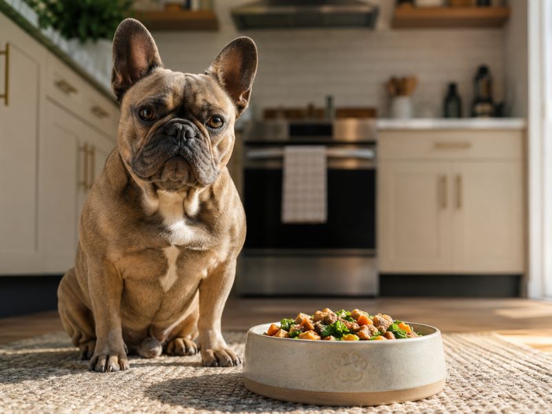 French Bulldog eating mixed wet and dry food for balanced nutrition