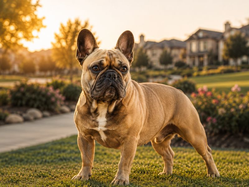 Healthy French Bulldog with shiny coat and bright eyes outdoors