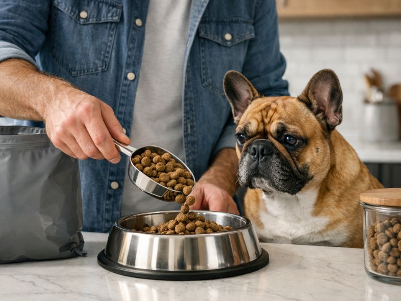 Dog owner measuring proper food portions for a French Bulldog