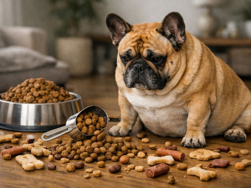 Overweight French Bulldog sitting near excessive dog treats