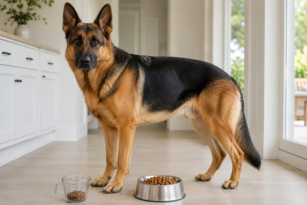 Adult German Shepherd beside a measured bowl of large breed dry food