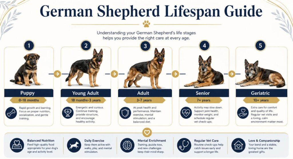 German Shepherd lifespan by life stage from puppy to senior dog