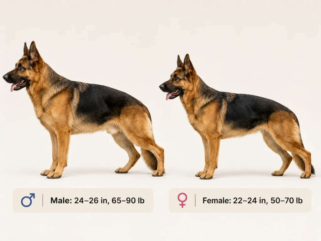 Adult male and female German Shepherd size comparison with common height and weight ranges