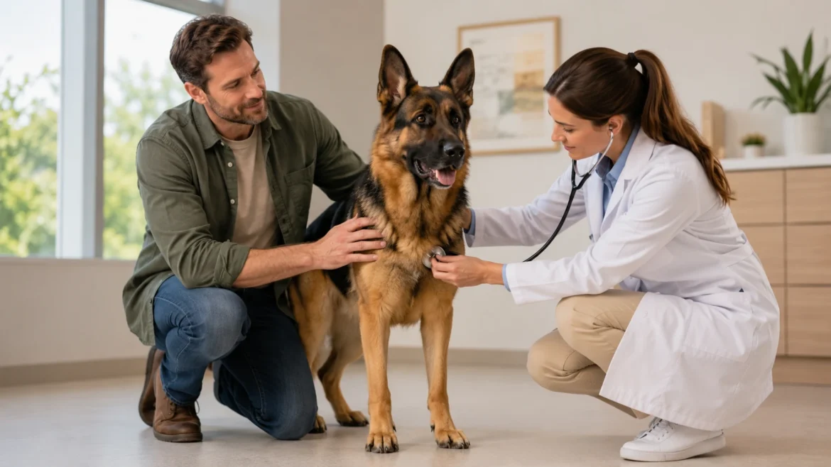 German Shepherd receiving a routine veterinary health examination Common Diseases in German Shepherds