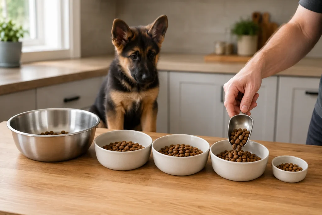 Daily puppy-food ration divided into meals and a small training portion