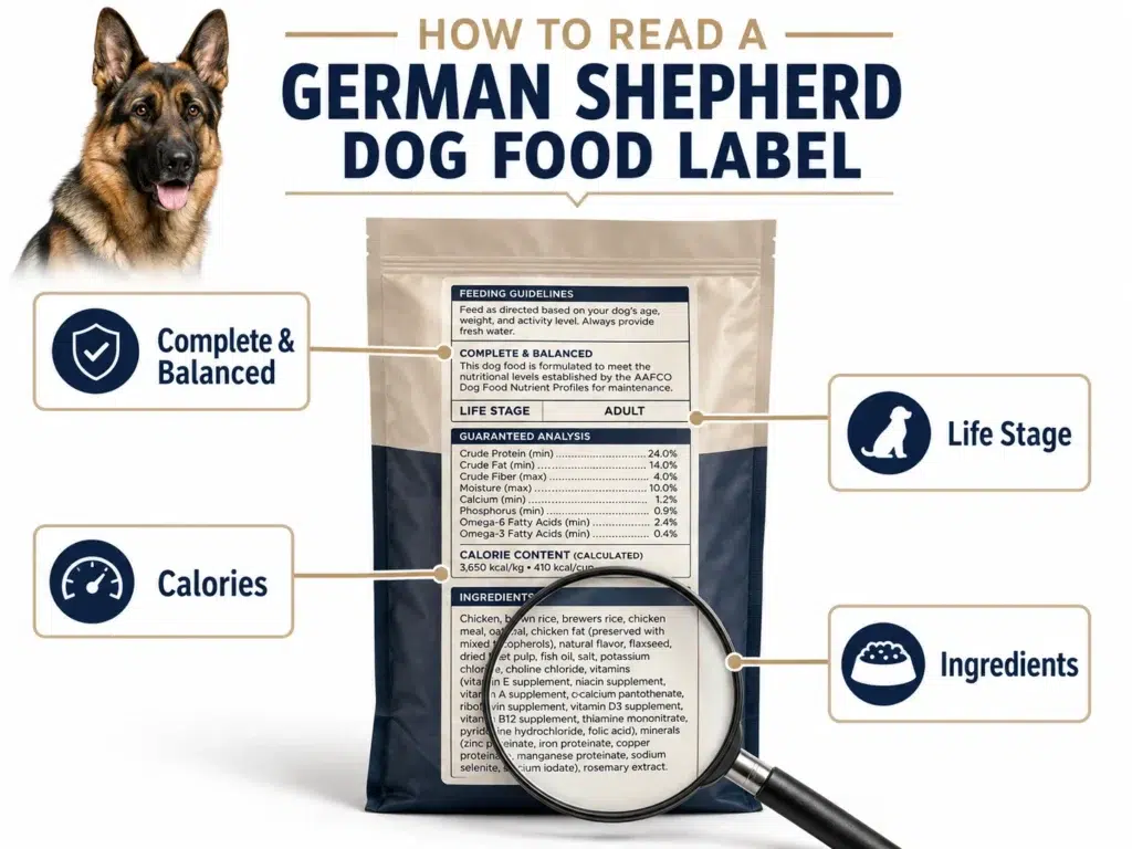 Dog food label reading guide showing complete and balanced life stage calories and ingredients