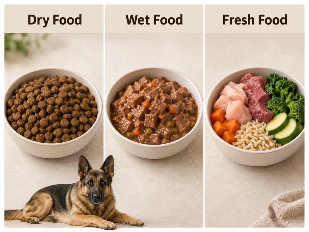 Comparison of dry food wet food and fresh food for German Shepherds