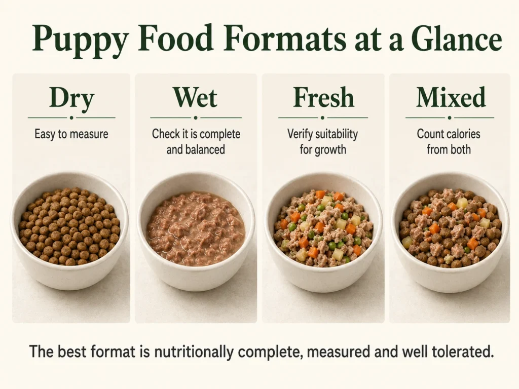 Dry, wet, fresh and mixed puppy-food formats compared