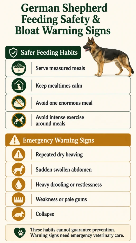Feeding habits and emergency bloat warning signs in German Shepherds