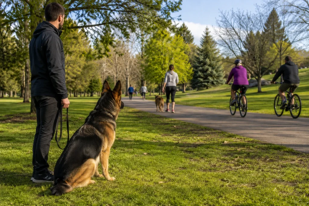 German Shepherd calmly observing people and bicycles during socialization training
