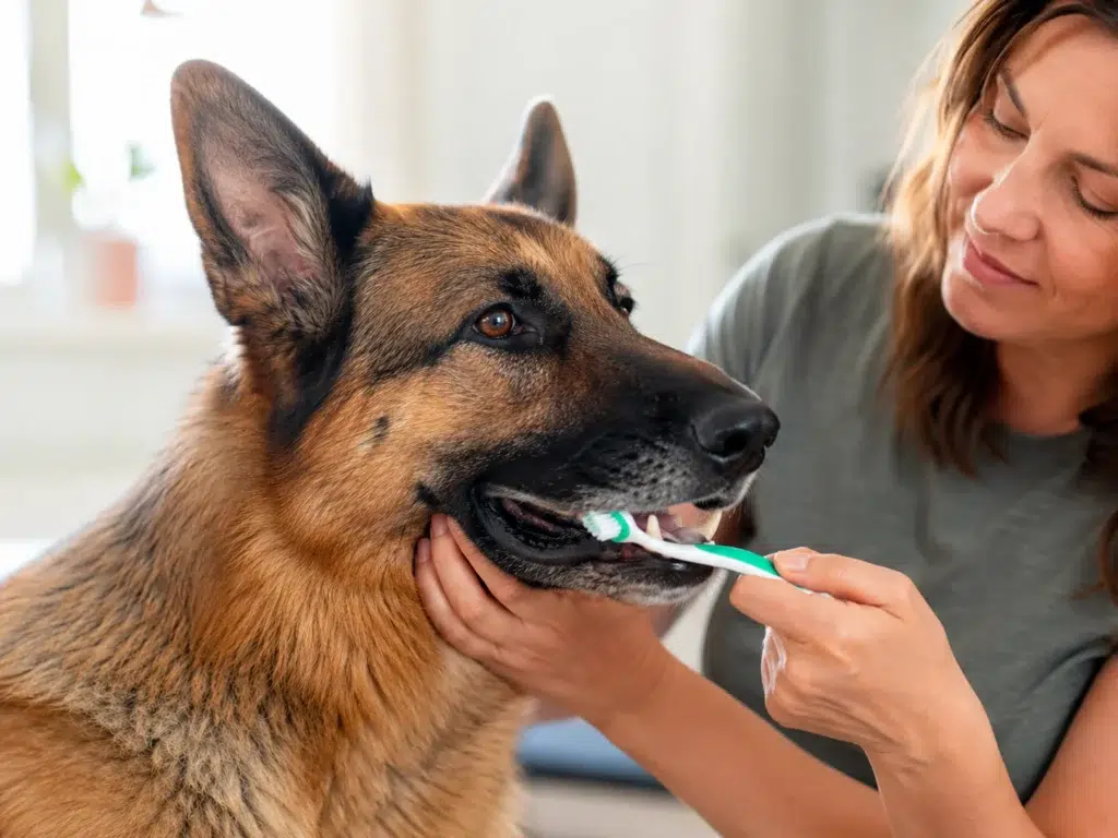 How Long Do German Shepherds Live? Lifespan, Aging, and Care Tips Owner gently brushing a German Shepherd’s teeth as part of regular dental care.