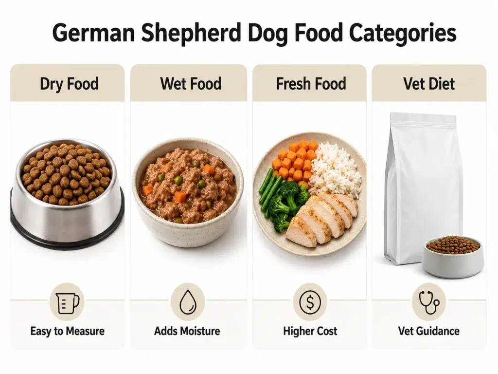 Comparison of dry wet fresh and veterinary food options for German Shepherds