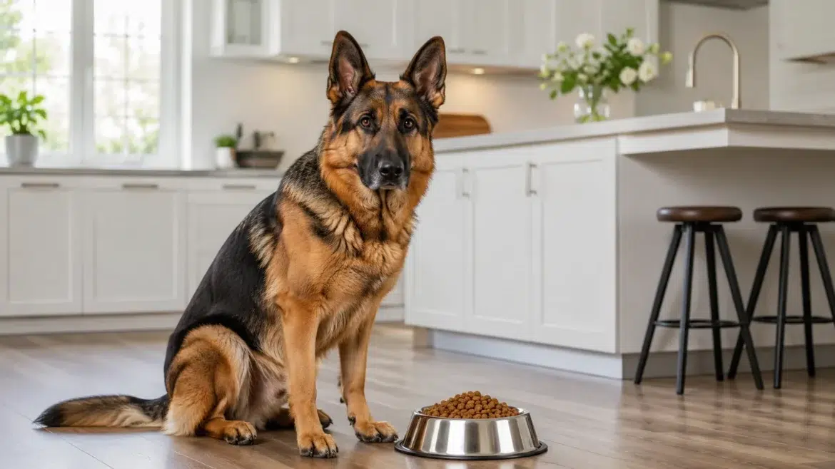 Healthy adult German Shepherd sitting beside a clean bowl of dog food