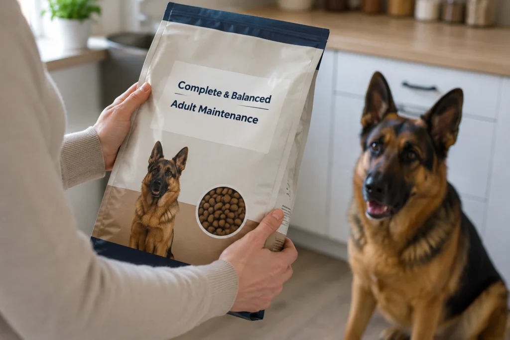 Owner reading complete and balanced dog food label near a German Shepherd