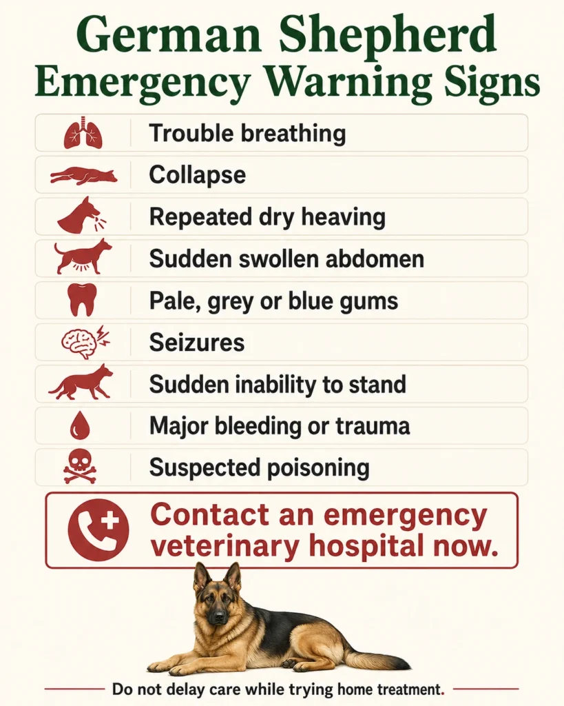 Emergency warning signs requiring immediate veterinary care in a German Shepherd