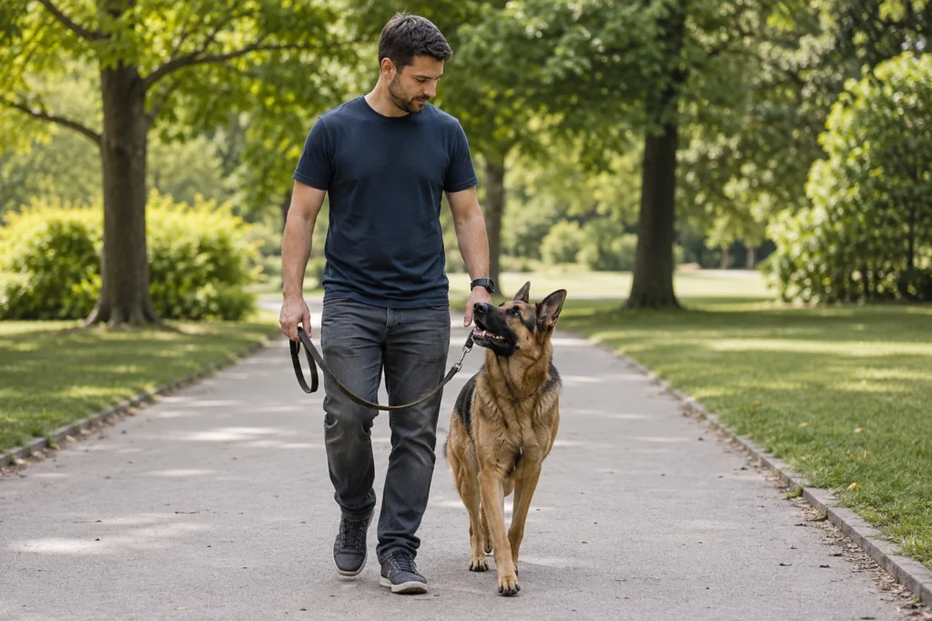 German Shepherd walking calmly with owner during gentle outdoor exercise for healthy weight