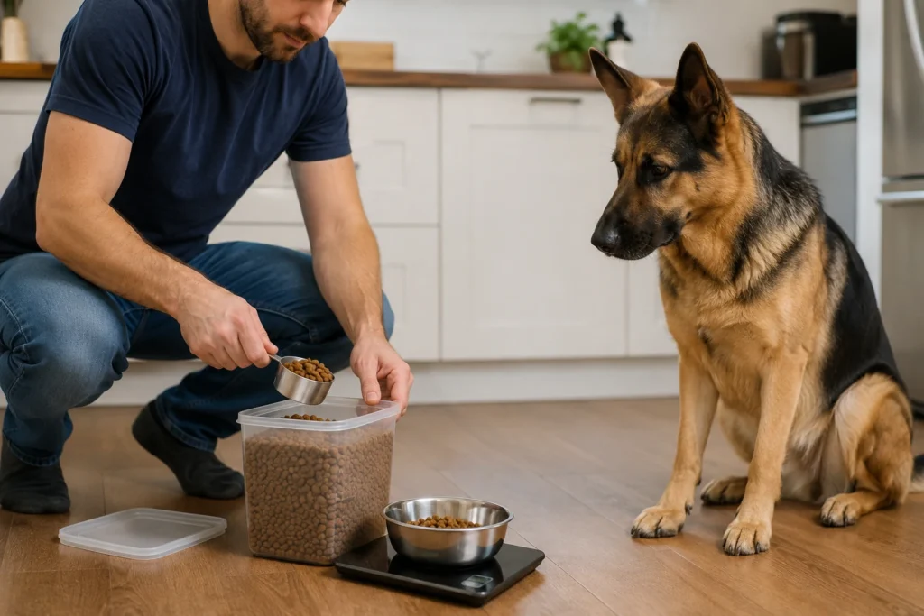 Owner measuring dog food portions for a German Shepherd beside a clean feeding bowl
