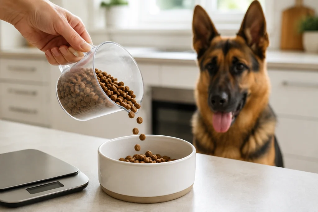 Measuring cup and kitchen scale used to portion German Shepherd dog food