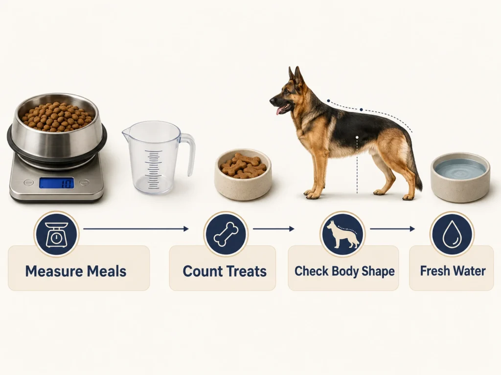 German Shepherd food portion guide with measuring cup scale treats and water bowl