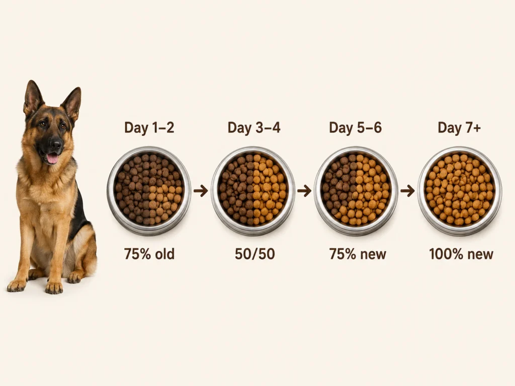 Gradual dog food transition diagram for German Shepherds