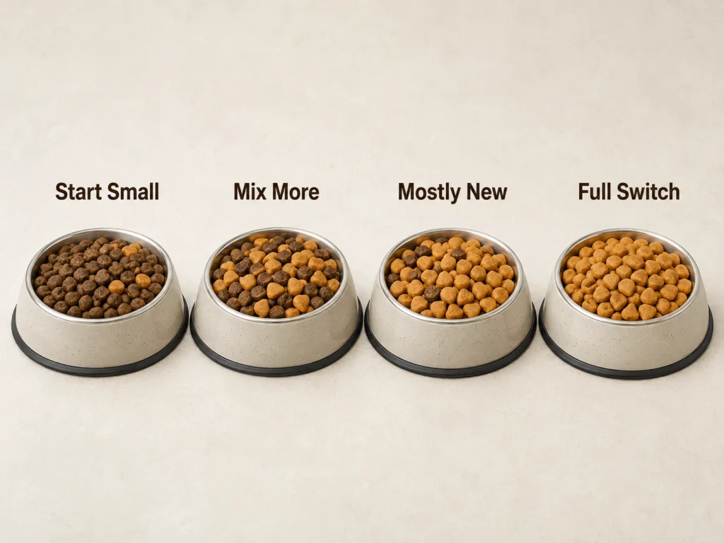 Step by step dog food transition graphic showing gradual change from old food to new food