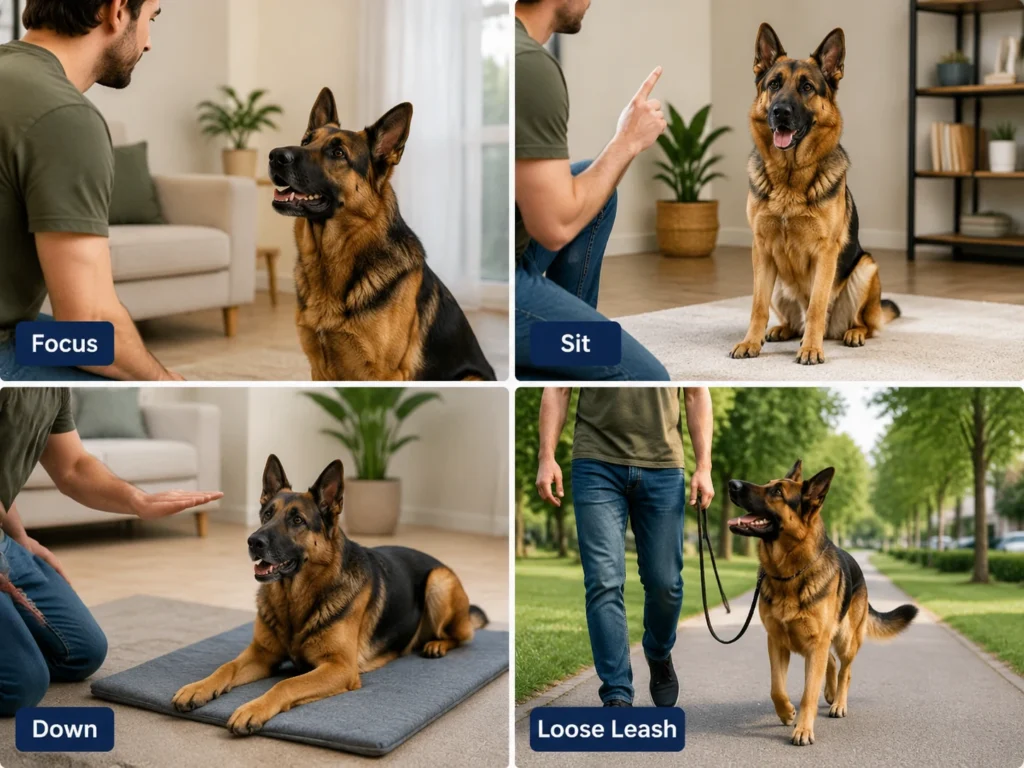 Four foundation training skills for a German Shepherd including focus sit down and loose leash walking
