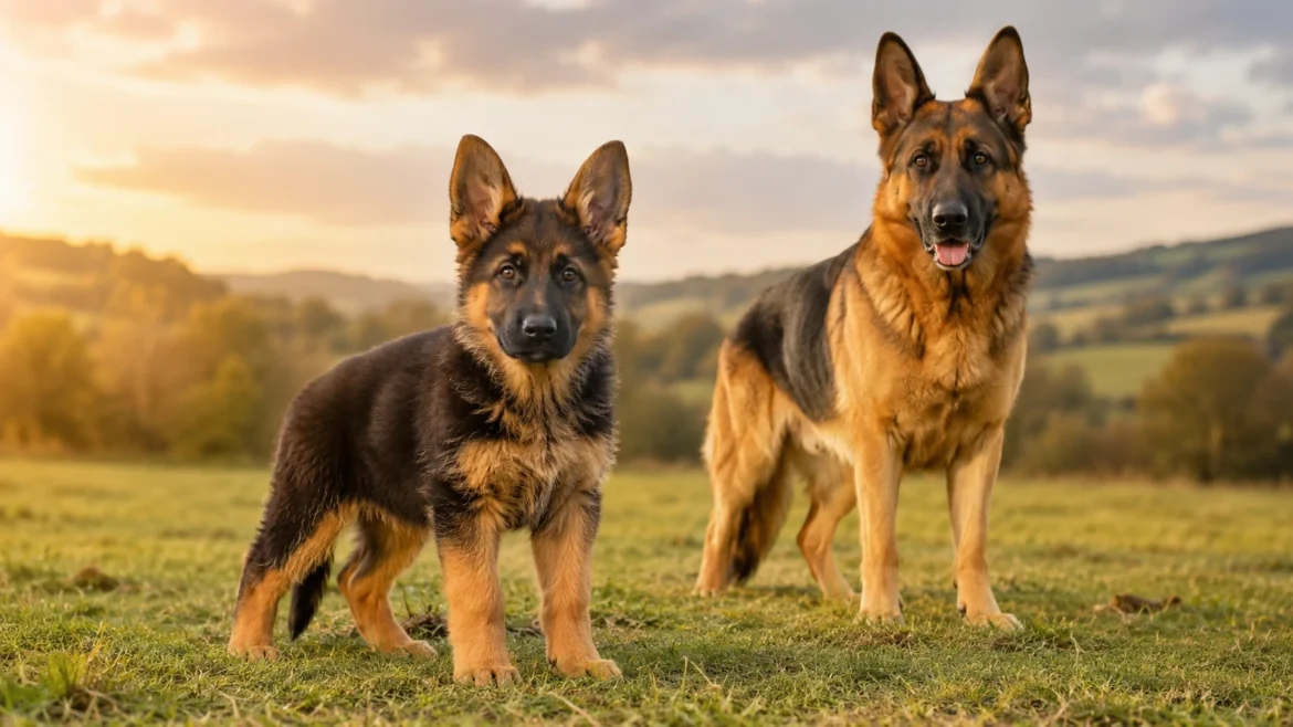 Healthy German Shepherd puppy standing beside an adult German Shepherd outdoors German Shepherd Growth Chart