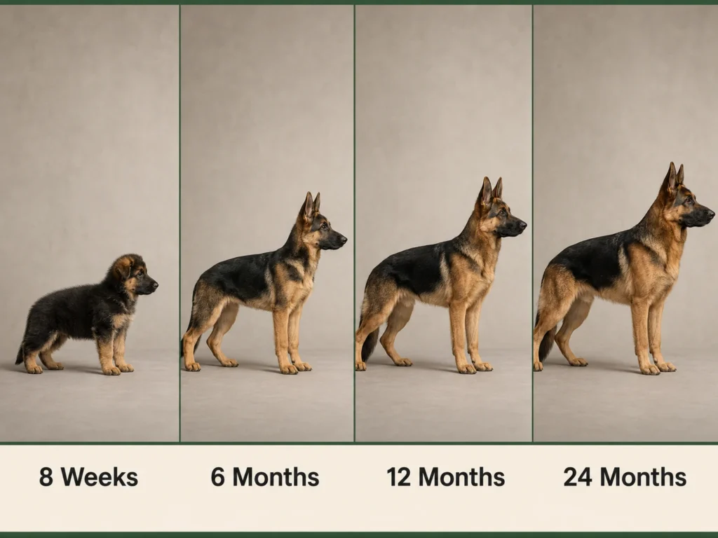 Four stages of German Shepherd growth from 8 weeks to 24 months
