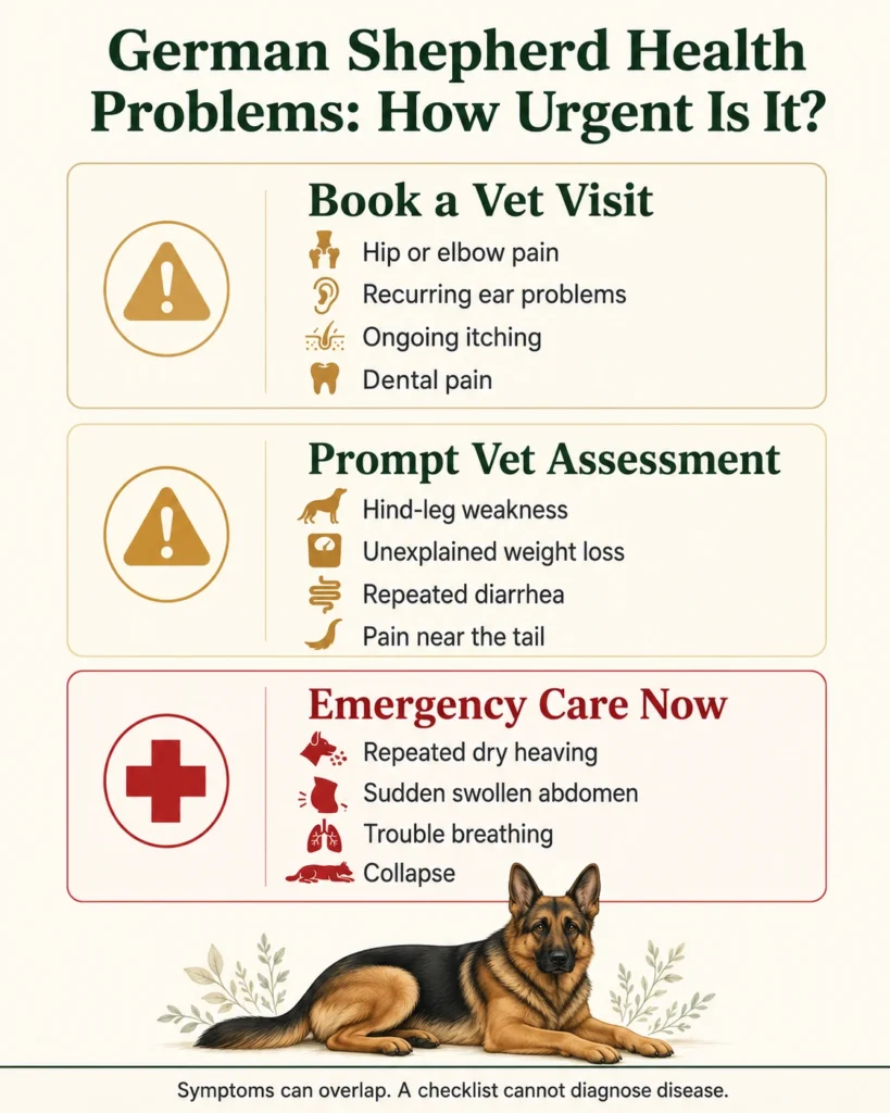 German Shepherd health symptoms grouped by veterinary urgency
