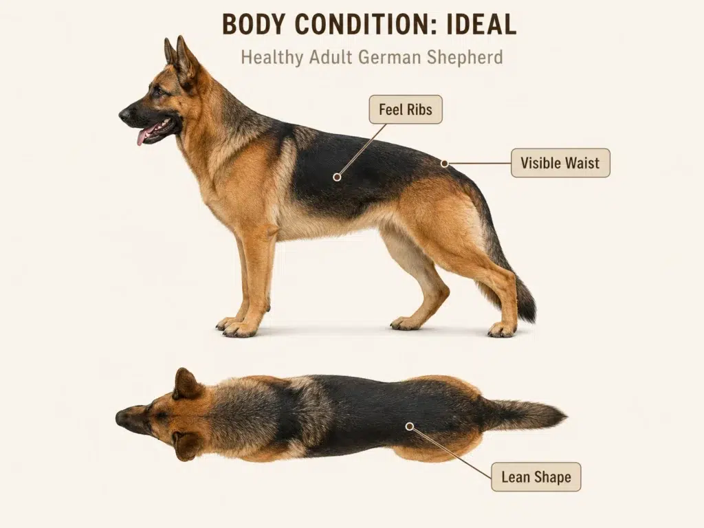 Healthy German Shepherd body condition diagram showing ribs waist and lean shape