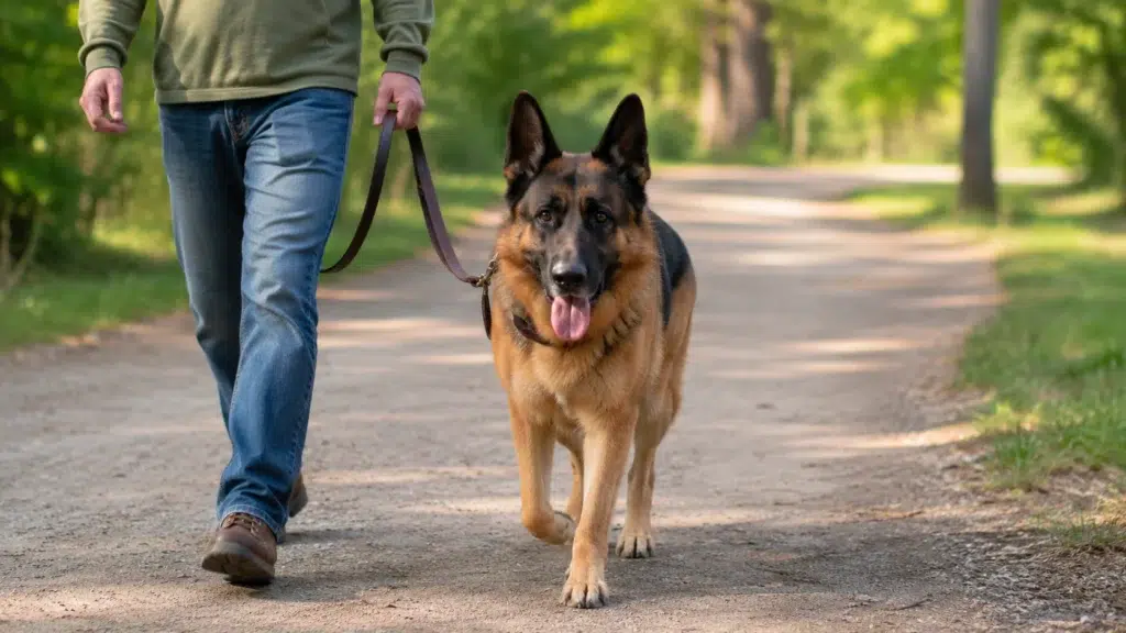 How Long Do German Shepherds Live? Lifespan, Aging, and Care Tips German Shepherd walking calmly on a leash during a healthy low-impact exercise routine.