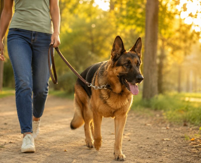 German Shepherd walking on a leash for healthy exercise and weight control