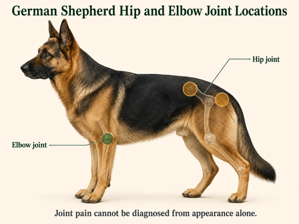 Location of the hip and elbow joints in a German Shepherd