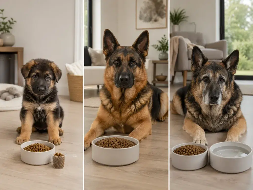 German Shepherd puppy adult and senior dogs shown with age appropriate food bowls