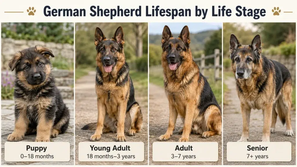 How Long Do German Shepherds Live? Lifespan, Aging, and Care Tips German Shepherd life stages from puppy to senior dog showing aging stages and care focus.