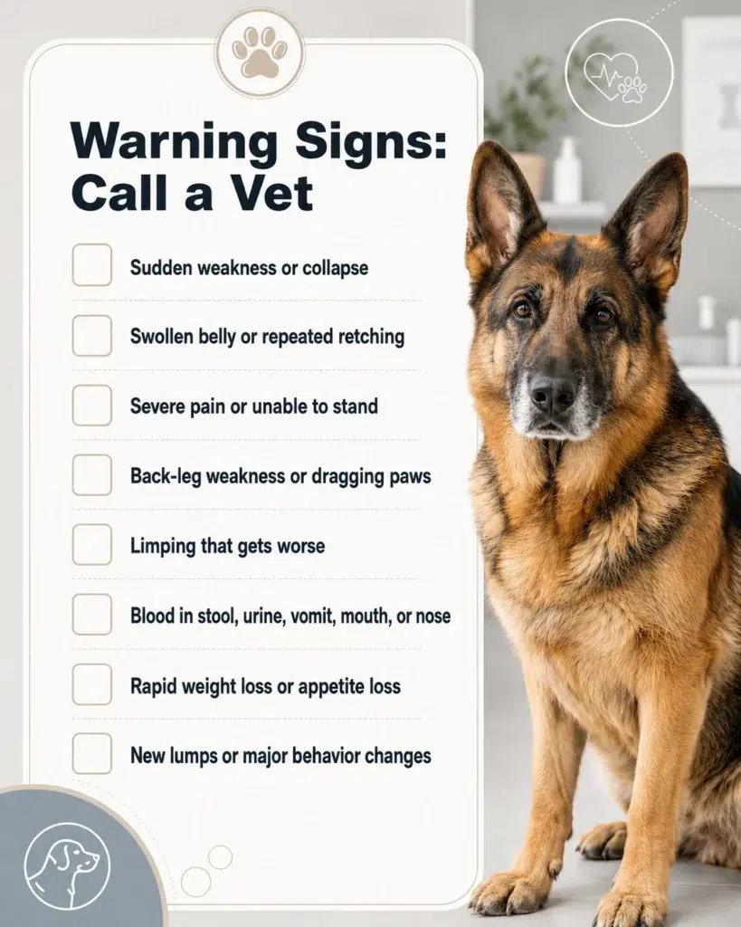 How Long Do German Shepherds Live? Lifespan, Aging, and Care Tips Checklist of German Shepherd warning signs including weakness, swollen belly, limping, appetite loss, and behavior changes.