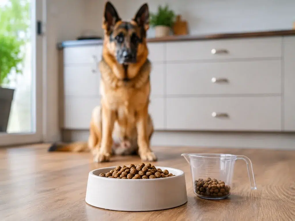 How Long Do German Shepherds Live? Lifespan, Aging, and Care Tips Measured dog food portion for a German Shepherd to support healthy weight management.