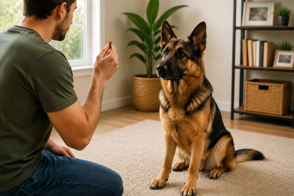 German Shepherd making eye contact with owner during name response training
