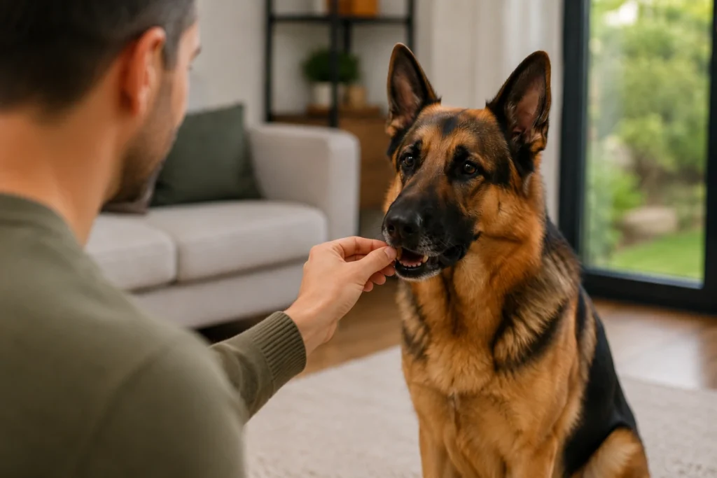 German Shepherd receiving a treat during positive reinforcement training