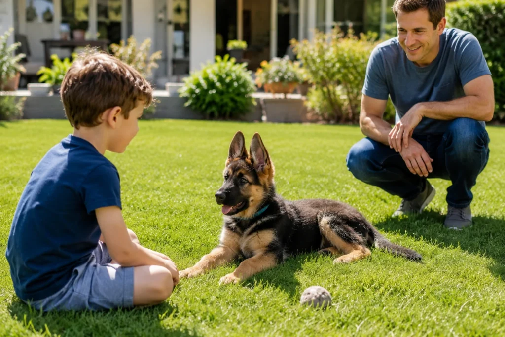 Child calmly sitting near German Shepherd puppy with adult supervision