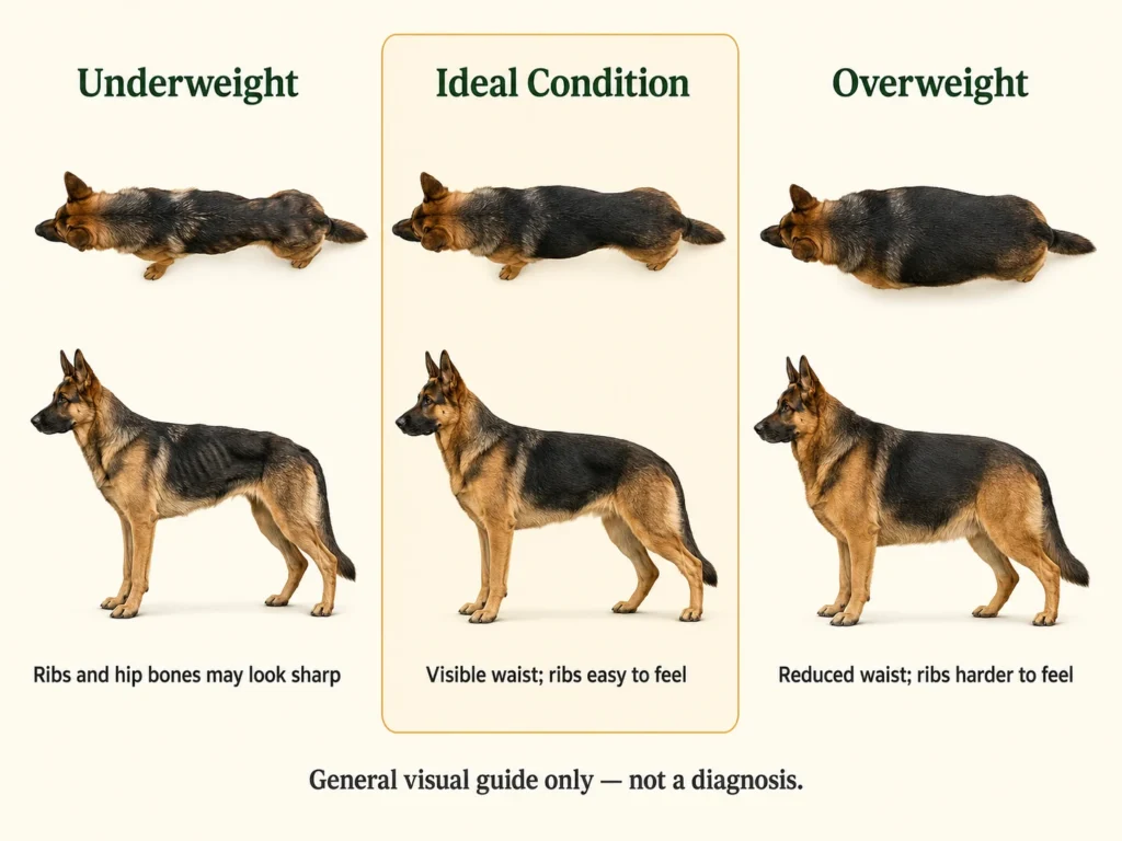 Underweight, ideal and overweight German Shepherd puppy body shapes