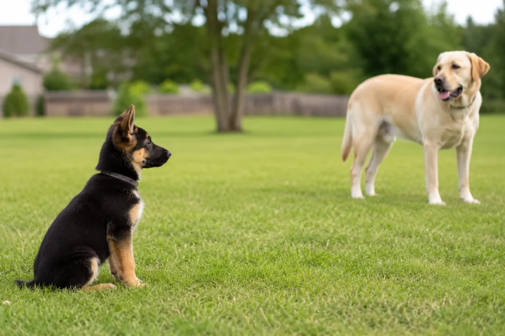 German Shepherd puppy calmly watching another dog from a distance