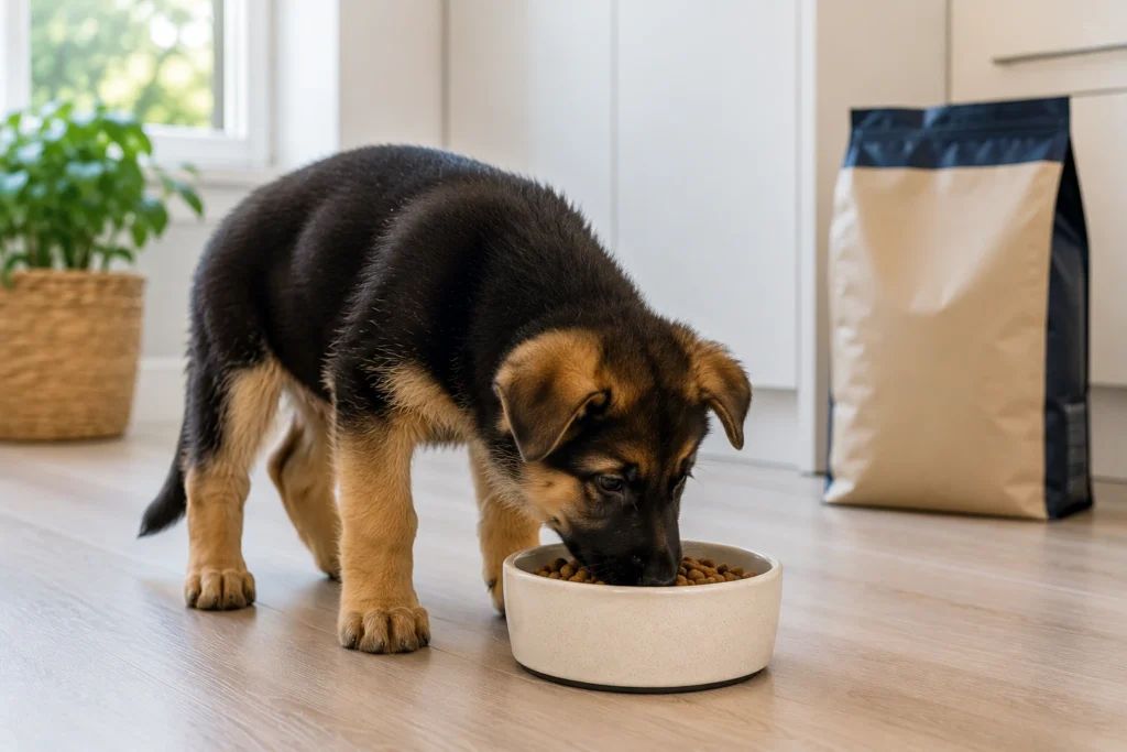German Shepherd puppy eating measured food from a clean bowl