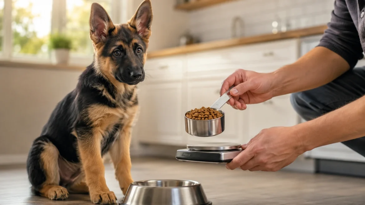 German Shepherd puppy beside a measured portion of puppy food German Shepherd Puppy Feeding ChartGerman Shepherd puppy beside a measured portion of puppy food German Shepherd Puppy Feeding Chart