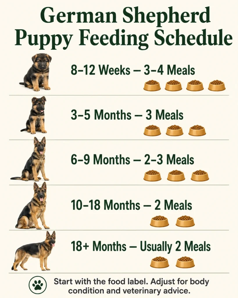 German Shepherd puppy feeding frequency from 8 weeks to adulthood