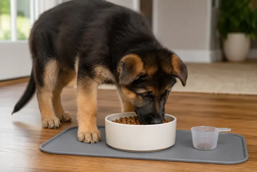 German Shepherd puppy eating measured large breed puppy food from a bowl