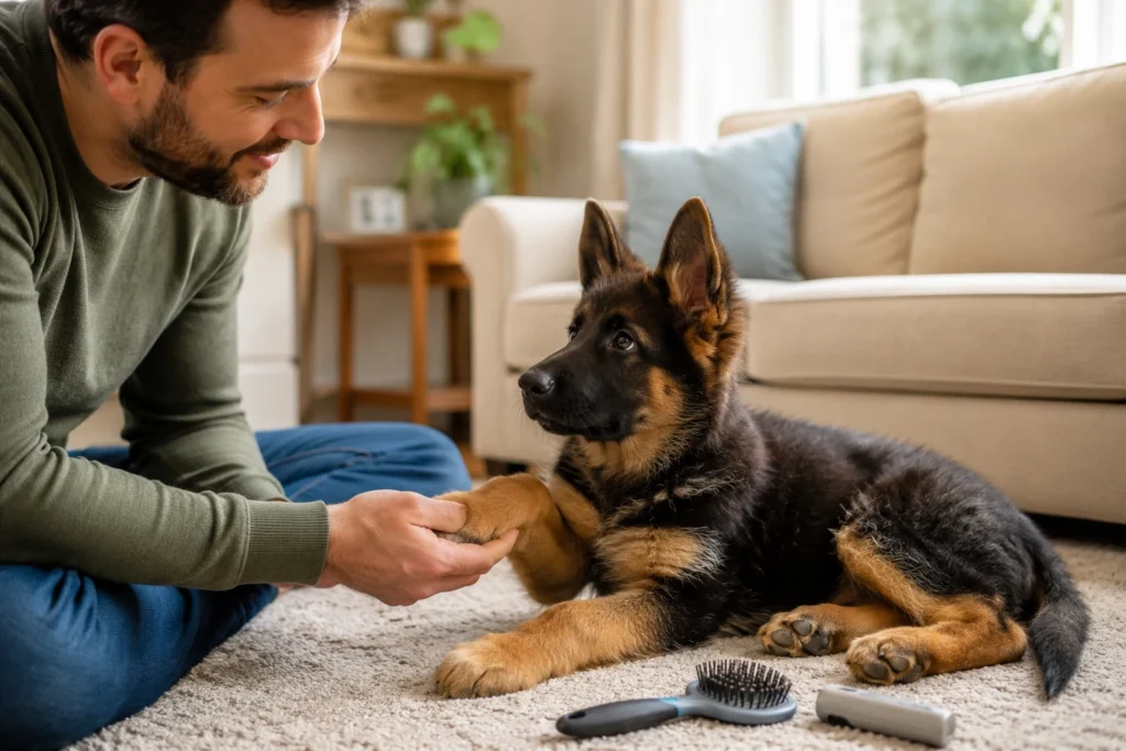 German Shepherd puppy calmly practicing gentle paw handling