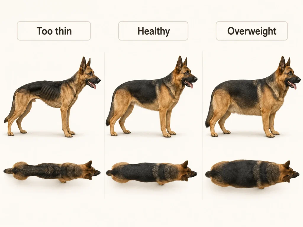 German Shepherd body condition diagram showing too thin, healthy, and overweight body shapes